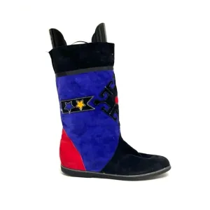 Vintage 1980s suede colorblock appliqué pull on fashion boots
