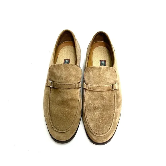 Vintage 1990s men’s khaki tan vegan suede deadstock slip on loafers