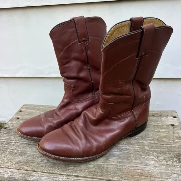 Vintage 80s 90s Justin Brown Roper Pull On Cowboy Boots 8E Style 3404