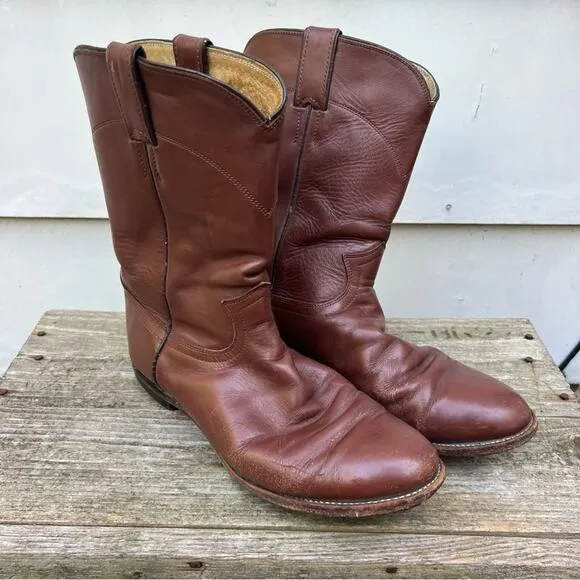 Vintage 80s 90s Justin Brown Roper Pull On Cowboy Boots 8E Style 3404