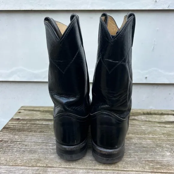 Vintage 80s Justin Boots Roper Black Pull On Leather Cowgirl Western 7 1/2 B