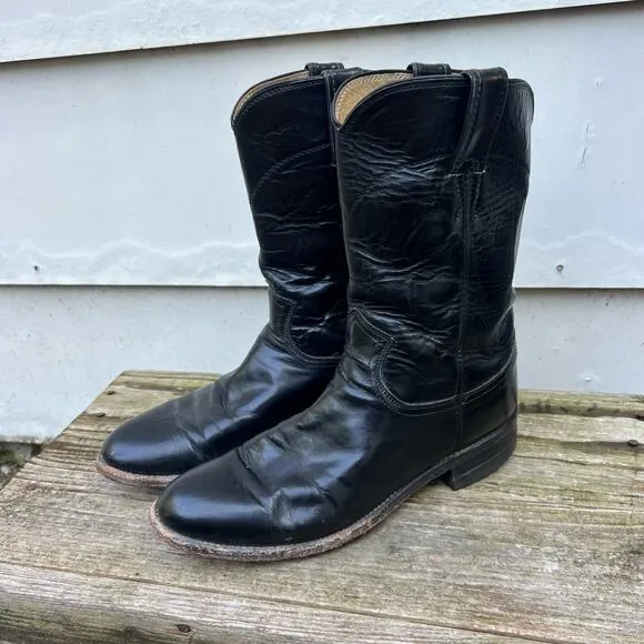 Vintage 80s Justin Boots Roper Black Pull On Leather Cowgirl Western 7 1/2 B