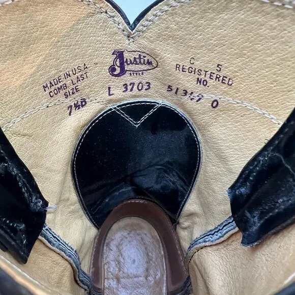 Vintage 80s Justin Boots Roper Black Pull On Leather Cowgirl Western 7 1/2 B