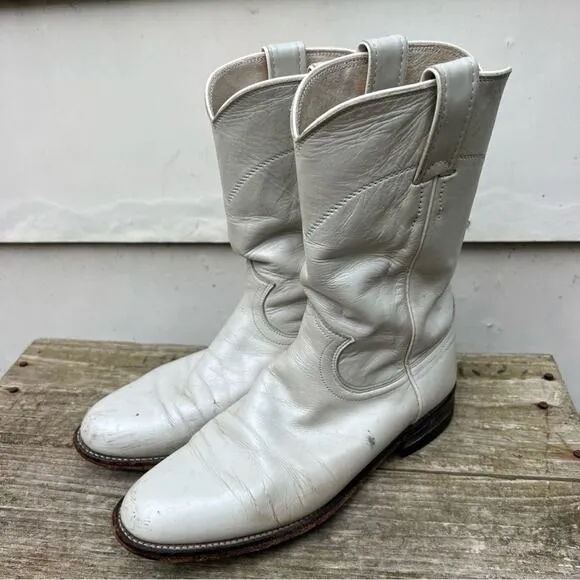 Vintage 90s Justin Boots White Eggshell Pearl Roper Pull On Cowgirl Western 6.5B