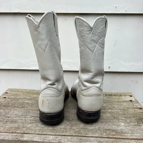 Vintage 90s Justin Boots White Eggshell Pearl Roper Pull On Cowgirl Western 6.5B