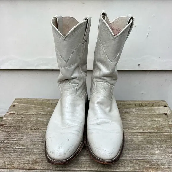 Vintage 90s Justin Boots White Eggshell Pearl Roper Pull On Cowgirl Western 6.5B