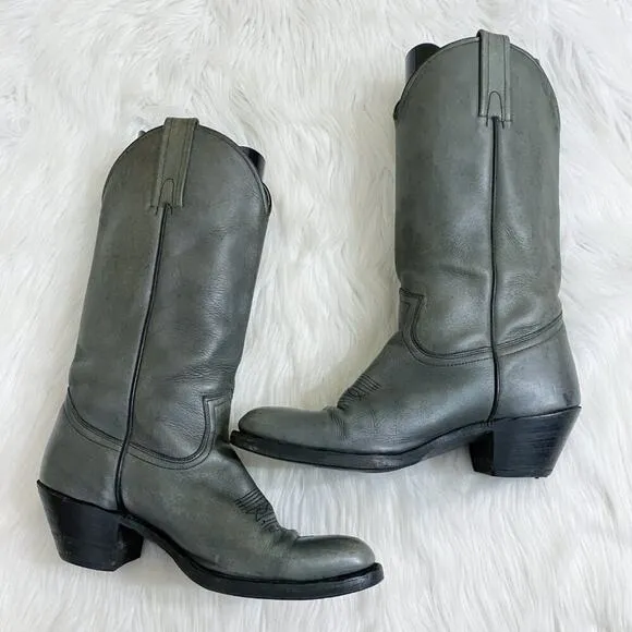 Vintage Frye Gray Leather Western Boots Pull On Made in USA Men's Size 9.5 VGUC