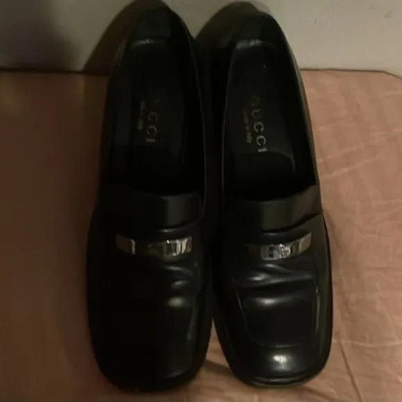VINTAGE Gucci Black Leather Block Heel Square Toe Loafers (Sz 37 EU / 6.5 US)