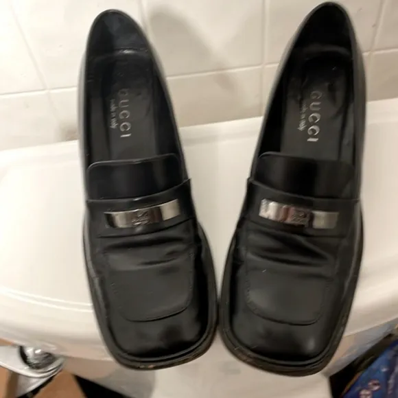 VINTAGE Gucci Black Leather Block Heel Square Toe Loafers (Sz 37 EU / 6.5 US)