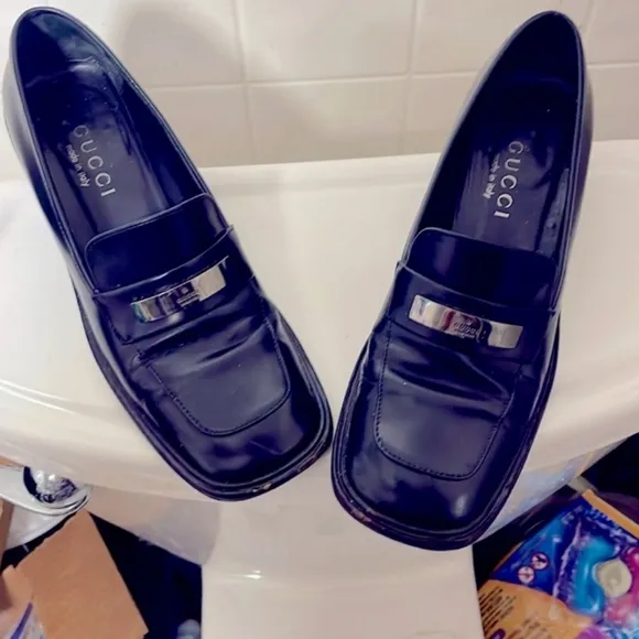 VINTAGE Gucci Black Leather Block Heel Square Toe Loafers (Sz 37 EU / 6.5 US)