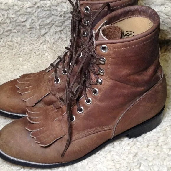 VINTAGE Justin Kiltie Roper boots, 3 1/2D BROWN leather, Fringe, Grunge, Cowgirl
