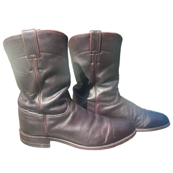 Vintage Justin Mens Roper Cowboy Boots Black Leather Maroon Trim Size 9MD