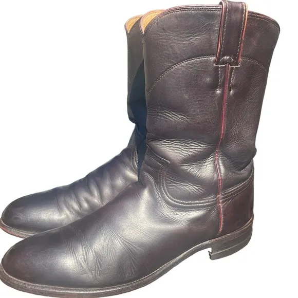 Vintage Justin Mens Roper Cowboy Boots Black Leather Maroon Trim Size 9MD