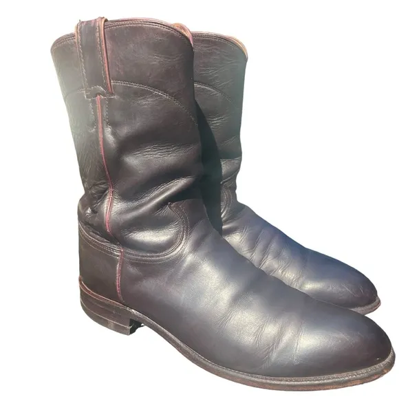 Vintage Justin Mens Roper Cowboy Boots Black Leather Maroon Trim Size 9MD