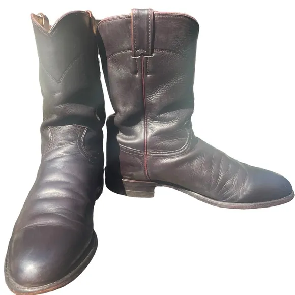 Vintage Justin Mens Roper Cowboy Boots Black Leather Maroon Trim Size 9MD