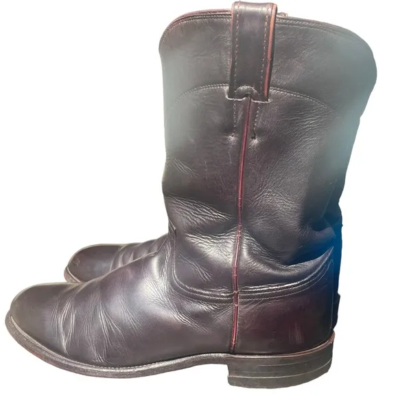 Vintage Justin Mens Roper Cowboy Boots Black Leather Maroon Trim Size 9MD