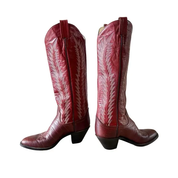 Vintage Larry Mahan Red Cowboy Western Boots SZ 6.5B Tall Leather Knee Festival
