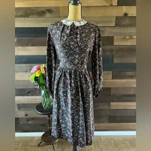 VINTAGE Specially Hand Made Floral Set Lace Collar Long Sleeve Top MIDI Skirt