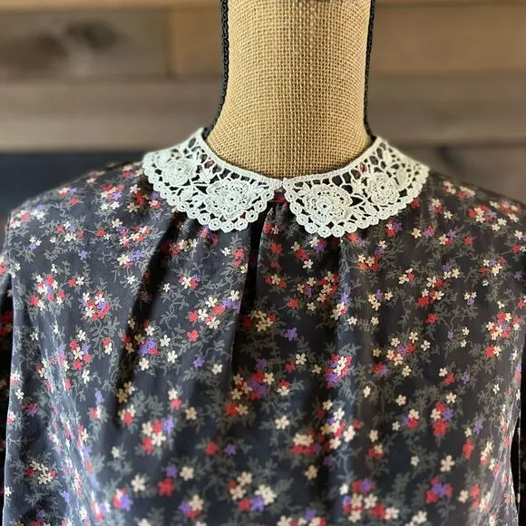 VINTAGE Specially Hand Made Floral Set Lace Collar Long Sleeve Top MIDI Skirt