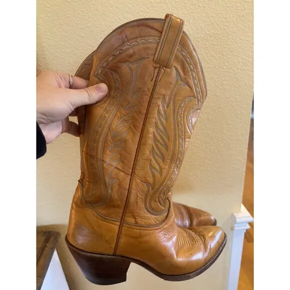 Vintage Tony Lama Cowboy Boots Men’s Sz M 7.5/ W 9.5 Cognac Stitched Black Label