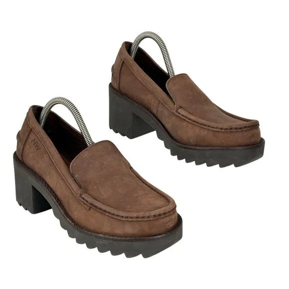 Vintage Y2K Nine West Square Toe Leather Chunky Block Heel Loafers Women 8 Brown