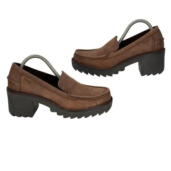 Vintage Y2K Nine West Square Toe Leather Chunky Block Heel Loafers Women 8 Brown