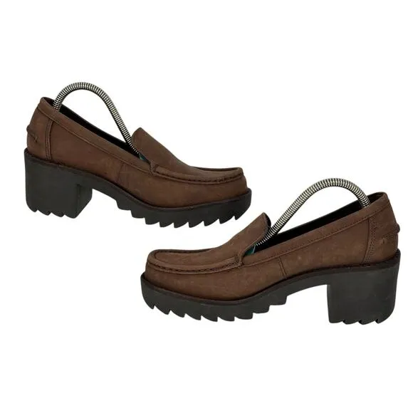 Vintage Y2K Nine West Square Toe Leather Chunky Block Heel Loafers Women 8 Brown