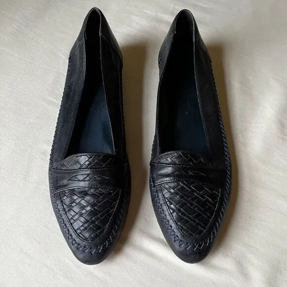 Vintage Navy Blue Leather Flats Slip On Basket Weave Stitching Detail 8.5 Narrow
