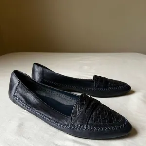 Vintage Navy Blue Leather Flats Slip On Basket Weave Stitching Detail 8.5 Narrow