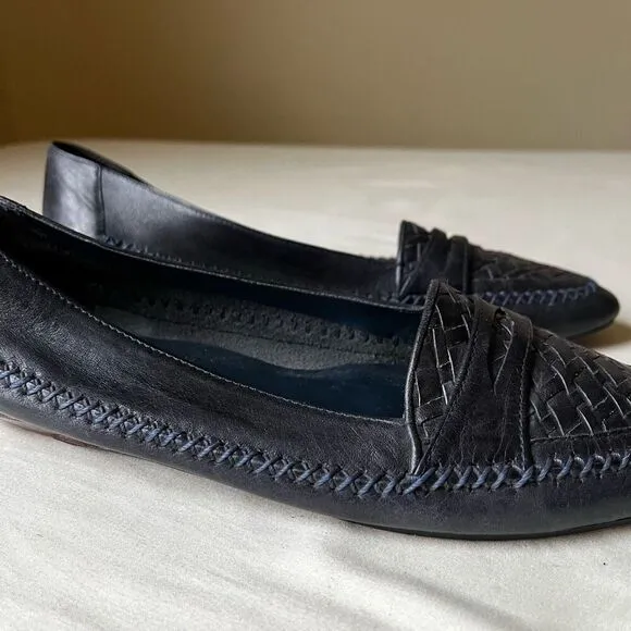 Vintage Navy Blue Leather Flats Slip On Basket Weave Stitching Detail 8.5 Narrow