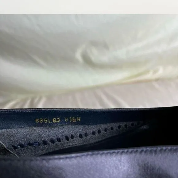 Vintage Navy Blue Leather Flats Slip On Basket Weave Stitching Detail 8.5 Narrow