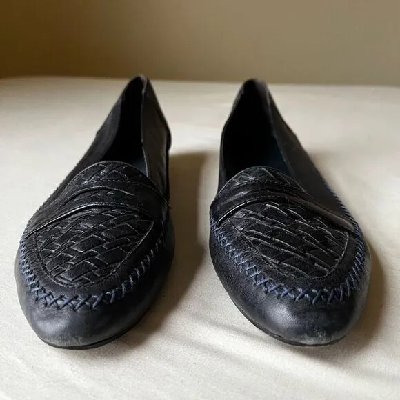 Vintage Navy Blue Leather Flats Slip On Basket Weave Stitching Detail 8.5 Narrow