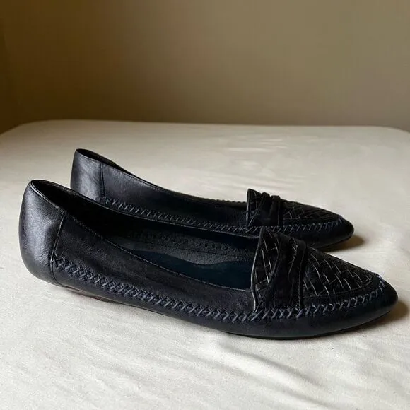 Vintage Navy Blue Leather Flats Slip On Basket Weave Stitching Detail 8.5 Narrow