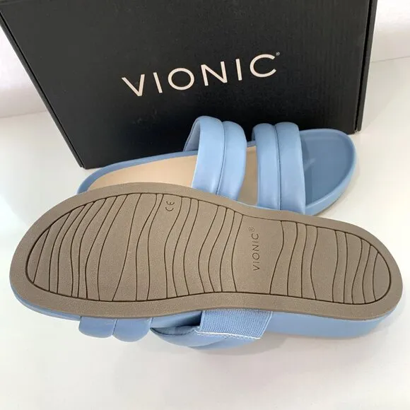 Vionic Mayla Sandals Slip On Double Puffy Strap Slides Blue Shadow Size 7 NEW