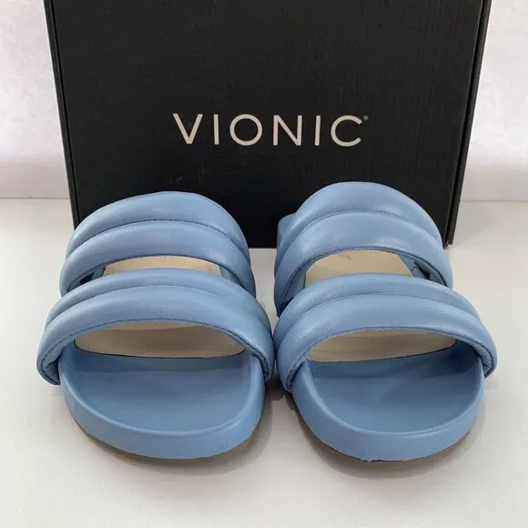 Vionic Mayla Sandals Slip On Double Puffy Strap Slides Blue Shadow Size 7 NEW