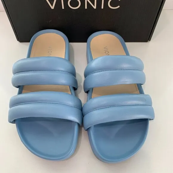 Vionic Mayla Sandals Slip On Double Puffy Strap Slides Blue Shadow Size 7 NEW