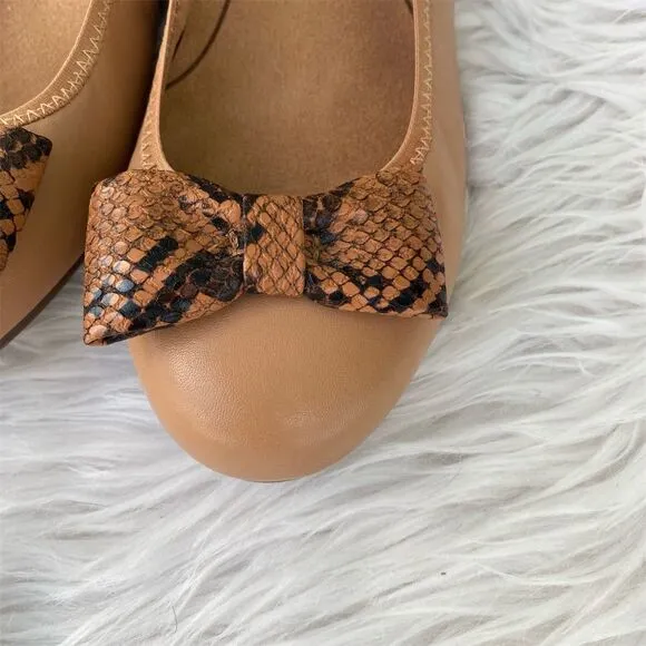Vionic Women's Ballet Flats Size 9 Tan Snake Print Bow Detail Casual