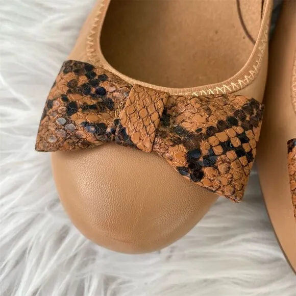Vionic Women's Ballet Flats Size 9 Tan Snake Print Bow Detail Casual