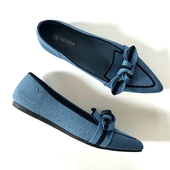 Vivaia Blue Denim Navy Michelle Bow Pointed Toe Knitted Loafer Flats