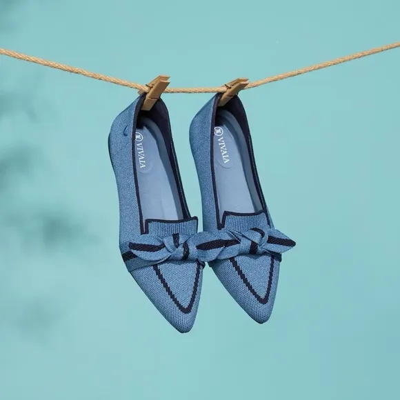 Vivaia Blue Denim Navy Michelle Bow Pointed Toe Knitted Loafer Flats