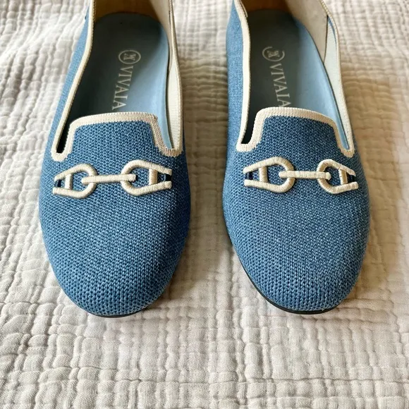VIVAIA | Horsebit Loafers Carolina Blue Embroidered Round Toe Loafer 36