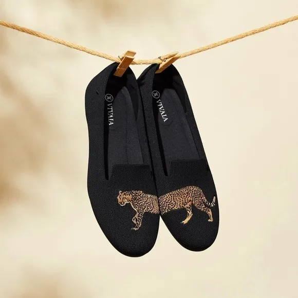 Vivaia, Women's Round-Toe Embroidered Loafers (Audrey) - Black-Cheetah. Size: 43