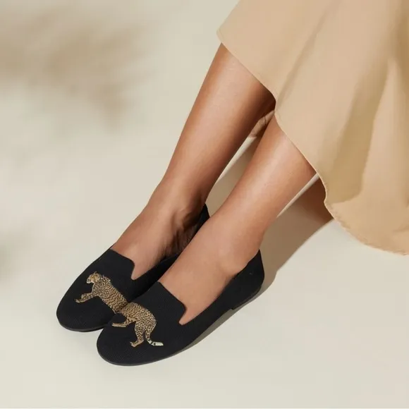 Vivaia, Women's Round-Toe Embroidered Loafers (Audrey) - Black-Cheetah. Size: 43