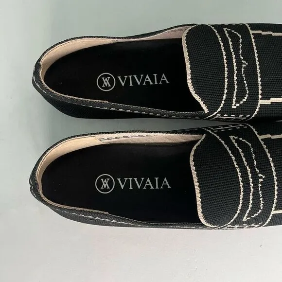 VIVAIA Sierra Square Toe Loafers Womens 38 US 7 Patterned Knit Black Beige EUC