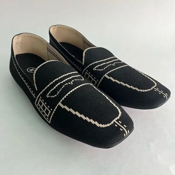 VIVAIA Sierra Square Toe Loafers Womens 38 US 7 Patterned Knit Black Beige EUC