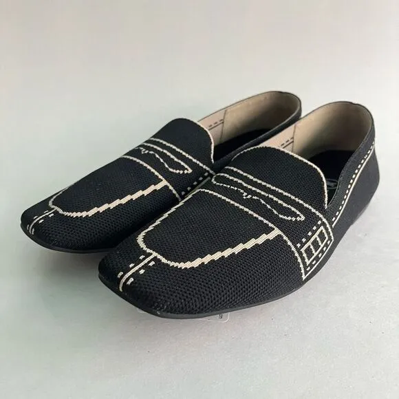 VIVAIA Sierra Square Toe Loafers Womens 38 US 7 Patterned Knit Black Beige EUC