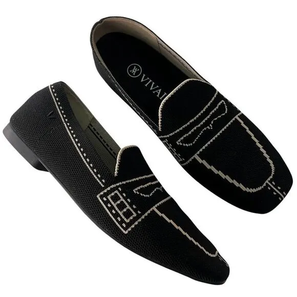 VIVAIA Sierra Square Toe Loafers Womens 38 US 7 Patterned Knit Black Beige EUC