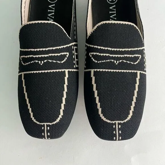 VIVAIA Sierra Square Toe Loafers Womens 38 US 7 Patterned Knit Black Beige EUC