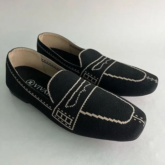 VIVAIA Sierra Square Toe Loafers Womens 38 US 7 Patterned Knit Black Beige EUC