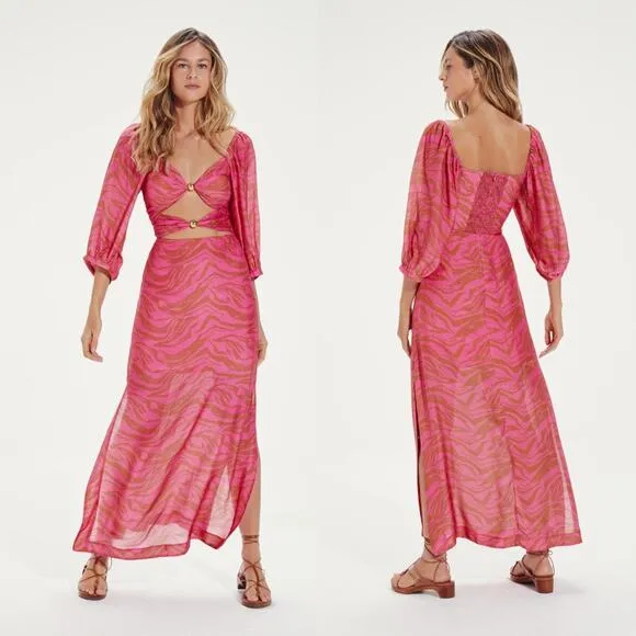 Vix Paula Hermanny | NWT Pink Animal Eleanor Cut Out Puff Sleeve Maxi Dress 0
